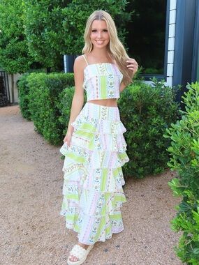 Tiered Ruffle Maxi Skirt in Pastel Floral Stripe